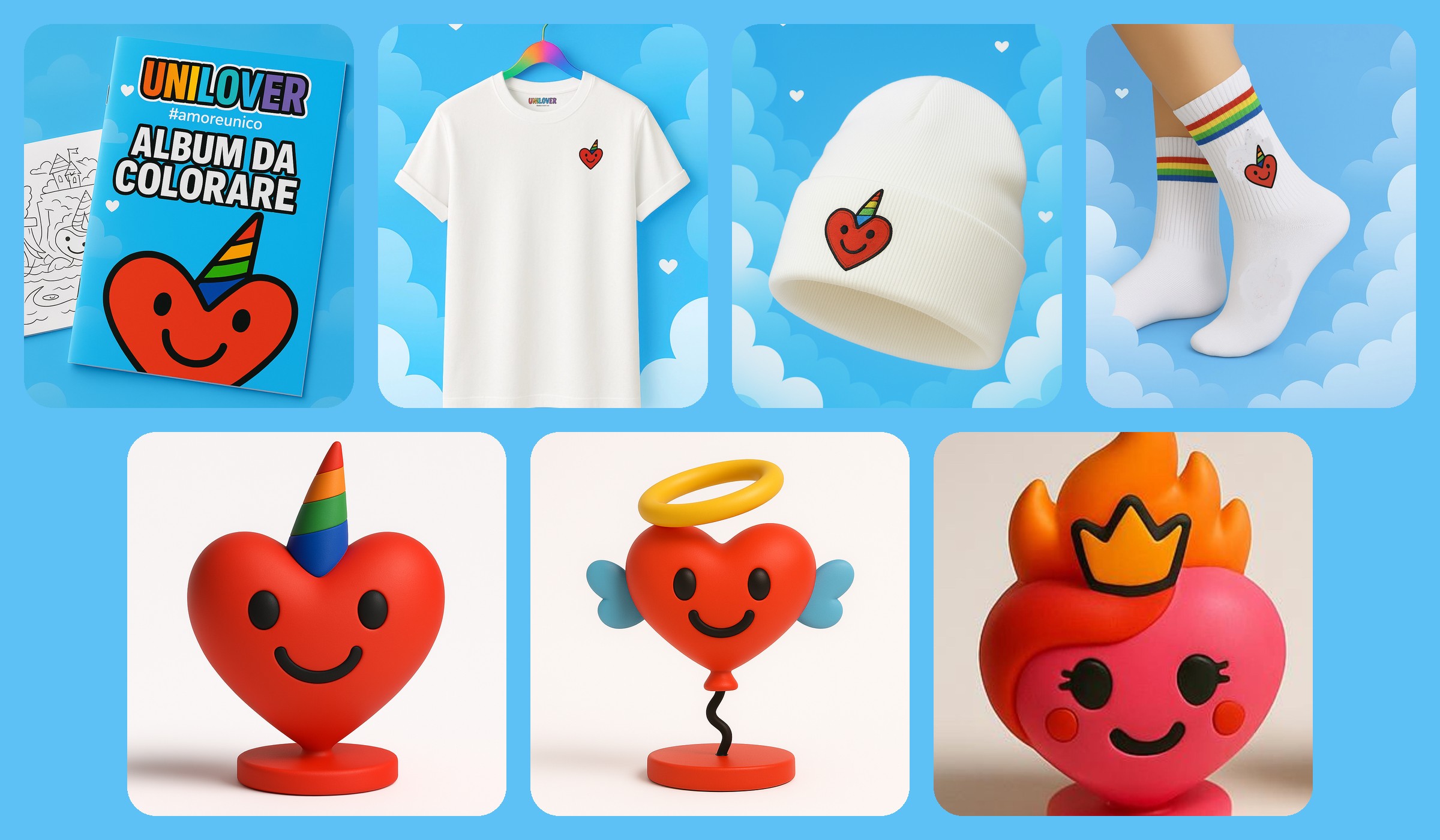 I prodotti Unilover: album da colorare, t-shirt, cuffia, calzini e minifigure dei personaggi